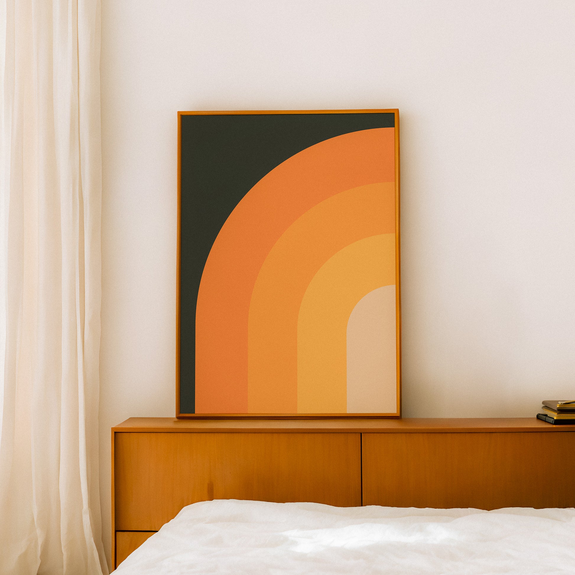 Minimal poster art home decor with warm retro and vintage sunset colors on a black background.