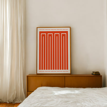 Minimal poster art home decor featuring bold red shapes and typography.