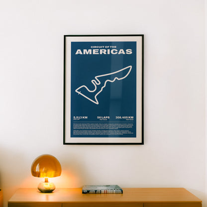 Formula 1 poster of Circuit of the Americas track, showcasing a bold blue background with a minimalist white outline of the iconic F1 track layout.