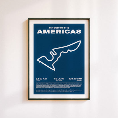 Formula 1 poster of Circuit of the Americas track, showcasing a bold blue background with a minimalist white outline of the iconic F1 track layout.