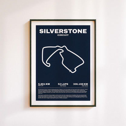 Silverstone Circuit Formula 1 poster art featuring a map of the track.