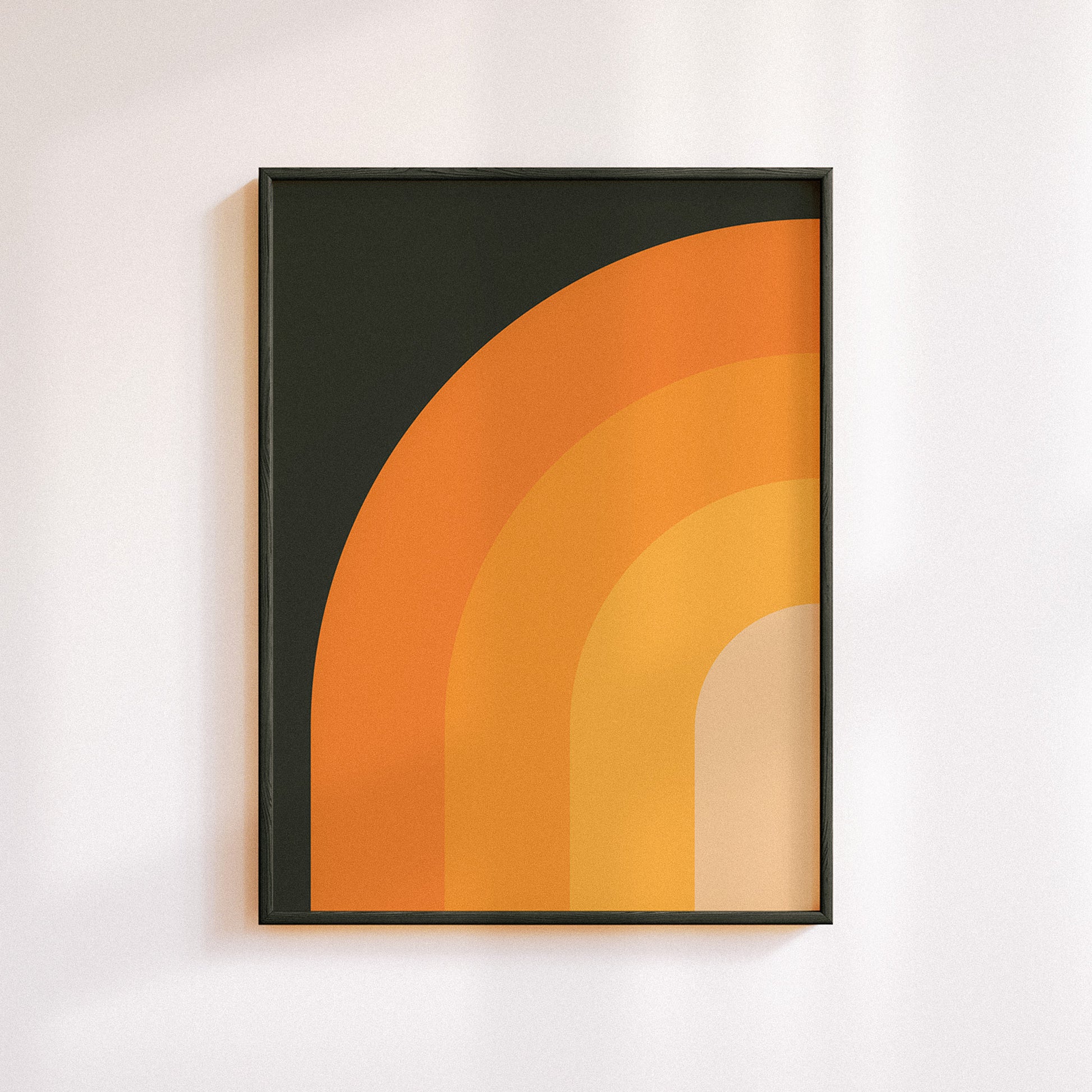 Minimal poster art home decor with warm retro and vintage sunset colors on a black background.