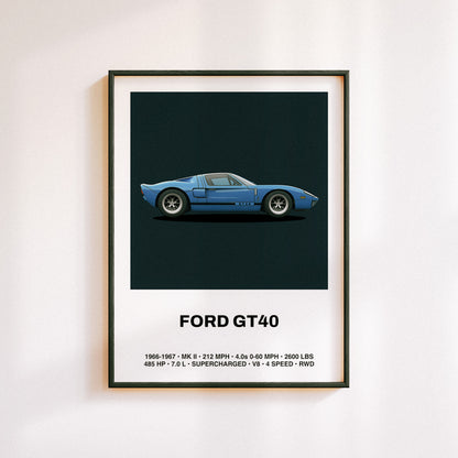 Ford GT40 car poster art in a minimal and illustrative design.