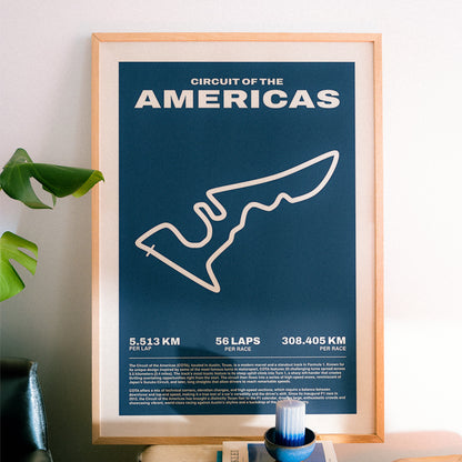 Formula 1 poster of Circuit of the Americas track, showcasing a bold blue background with a minimalist white outline of the iconic F1 track layout.