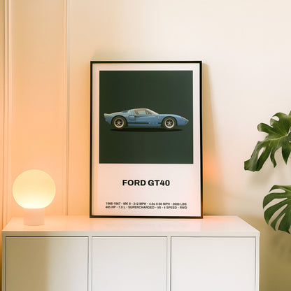 Ford GT40 car poster art in a minimal and illustrative design.