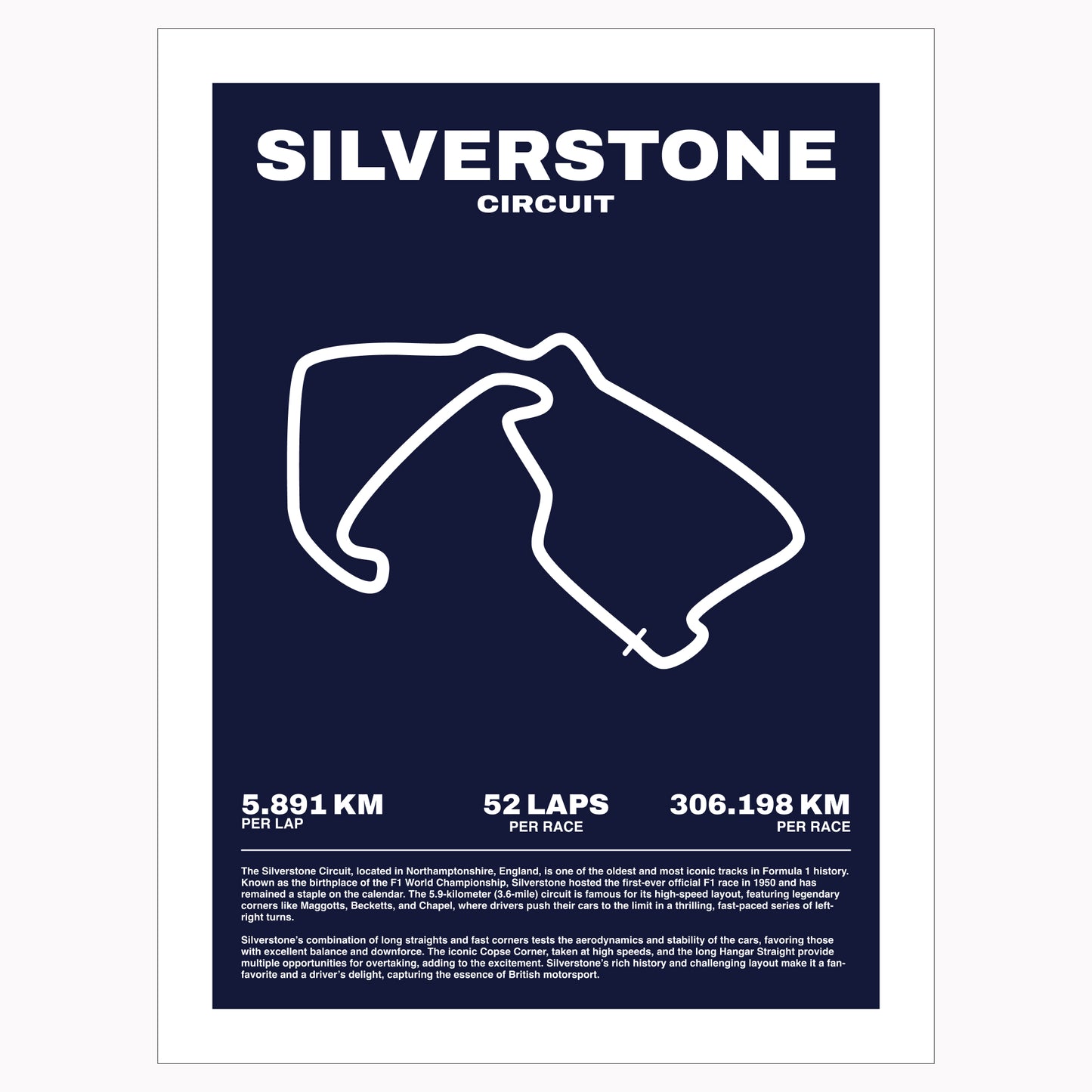 Silverstone Circuit Formula 1 poster art featuring a map of the track.