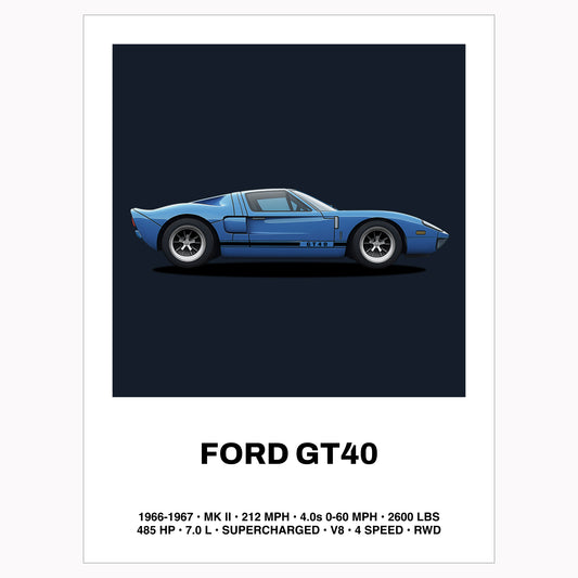 Ford GT40 car poster art in a minimal and illustrative design.