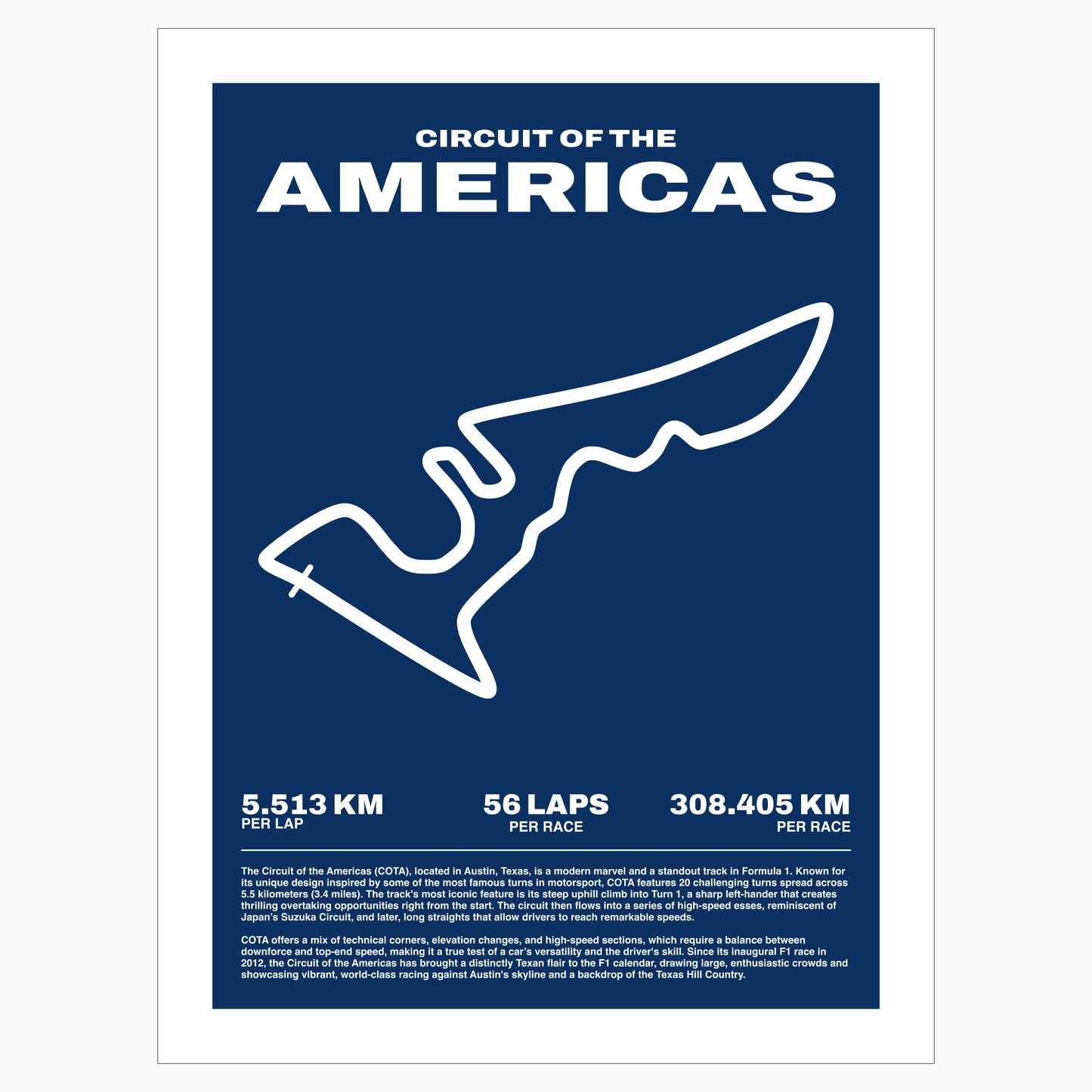 Formula 1 poster of Circuit of the Americas track, showcasing a bold blue background with a minimalist white outline of the iconic F1 track layout.