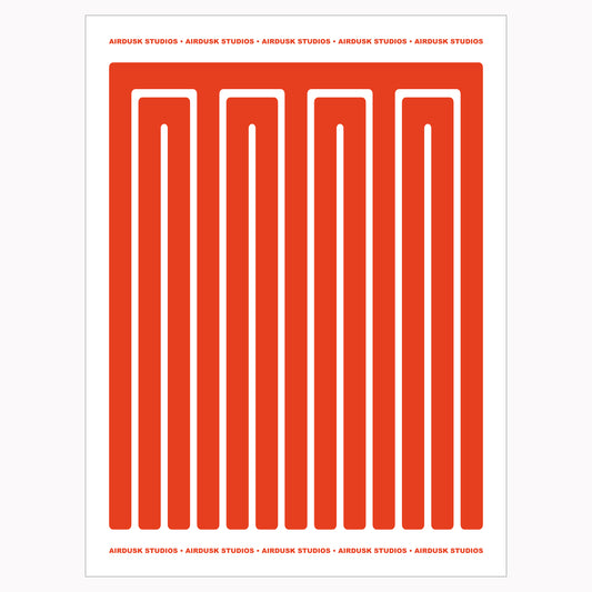 Minimal poster art featuring bold red shapes and typography.