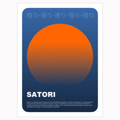 Colorful typography poster art with Japanese saying "Satori". The poster design is styled after minimalism, midcentury modern design, and contemporary Zen aesthetics home decor.