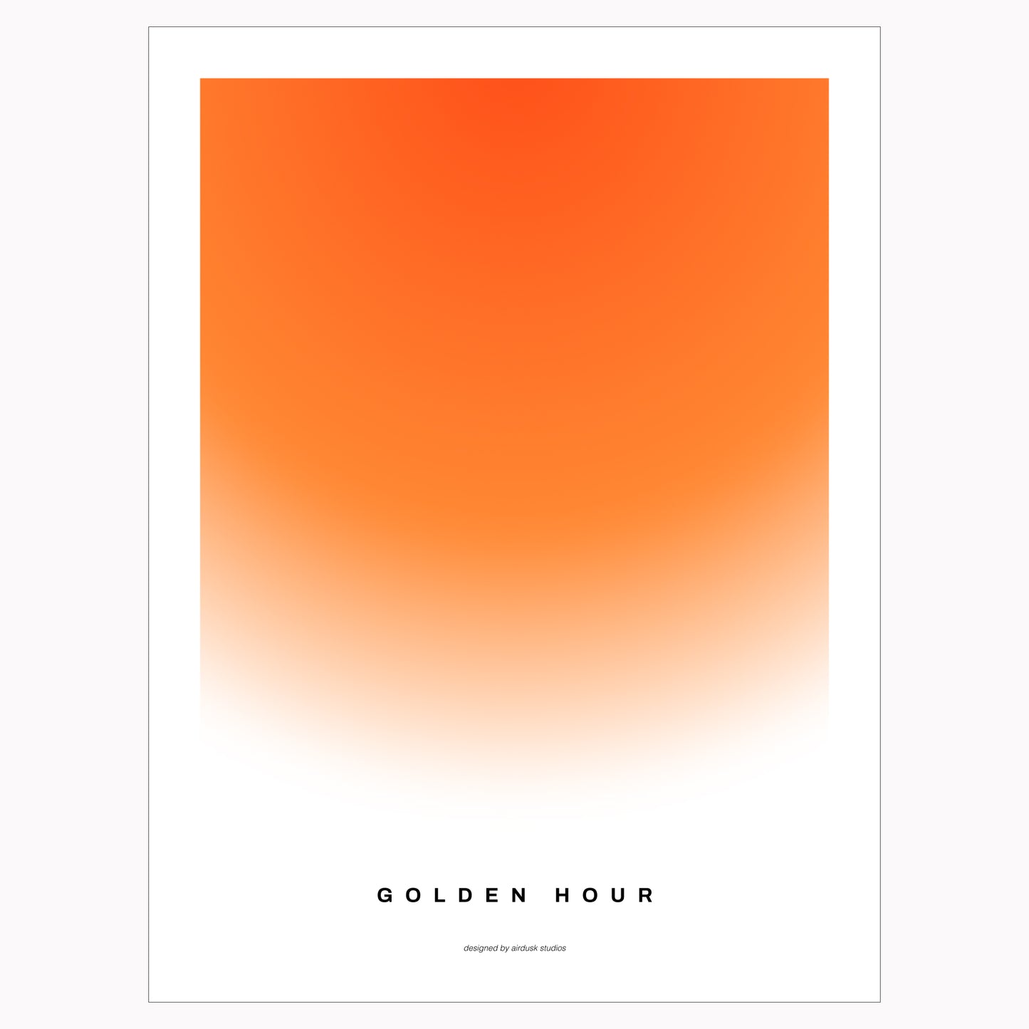 Minimal poster art home decor with text "GOLDEN HOUR" alongside a warm gradient portraying a sunset in a midcentury modern / retro design.