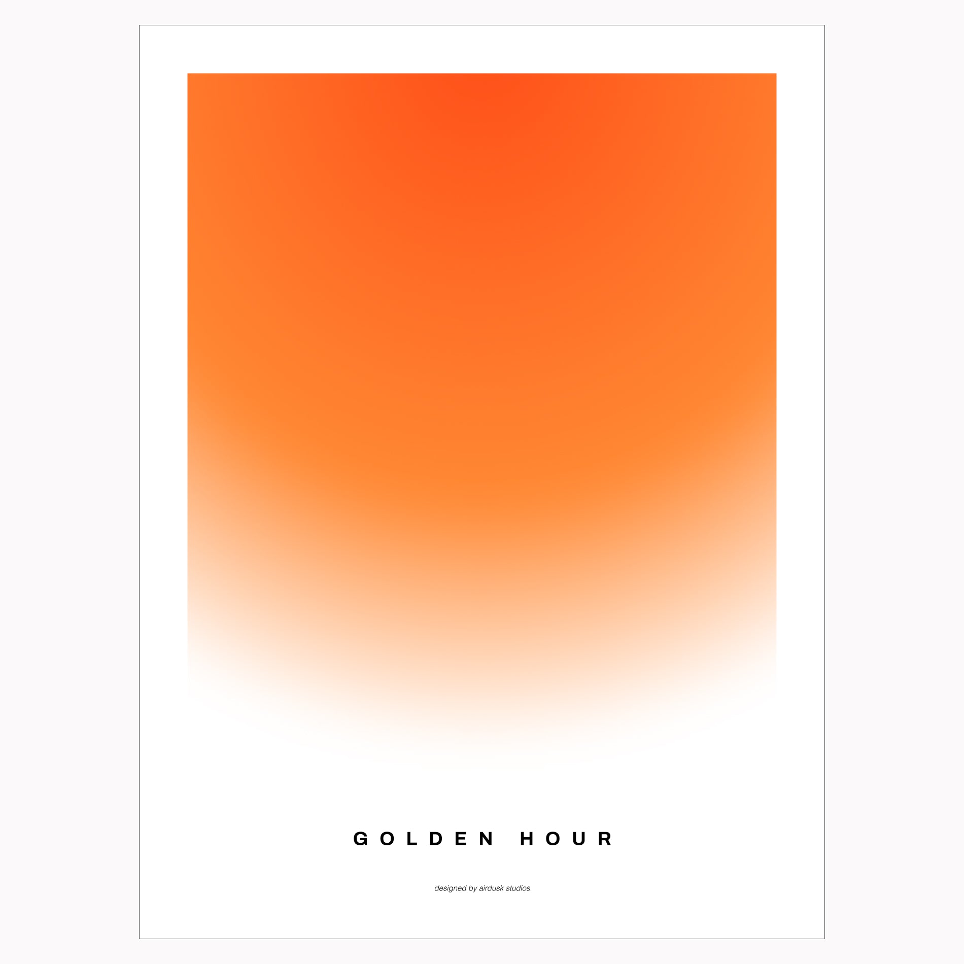 Minimal poster art home decor with text "GOLDEN HOUR" alongside a warm gradient portraying a sunset in a midcentury modern / retro design.