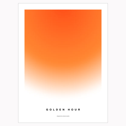 Minimal poster art home decor with text "GOLDEN HOUR" alongside a warm gradient portraying a sunset in a midcentury modern / retro design.