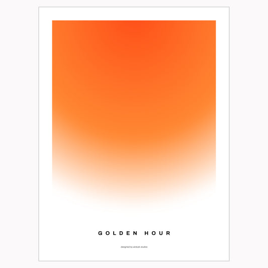 Minimal poster art home decor with text "GOLDEN HOUR" alongside a warm gradient portraying a sunset in a midcentury modern / retro design.