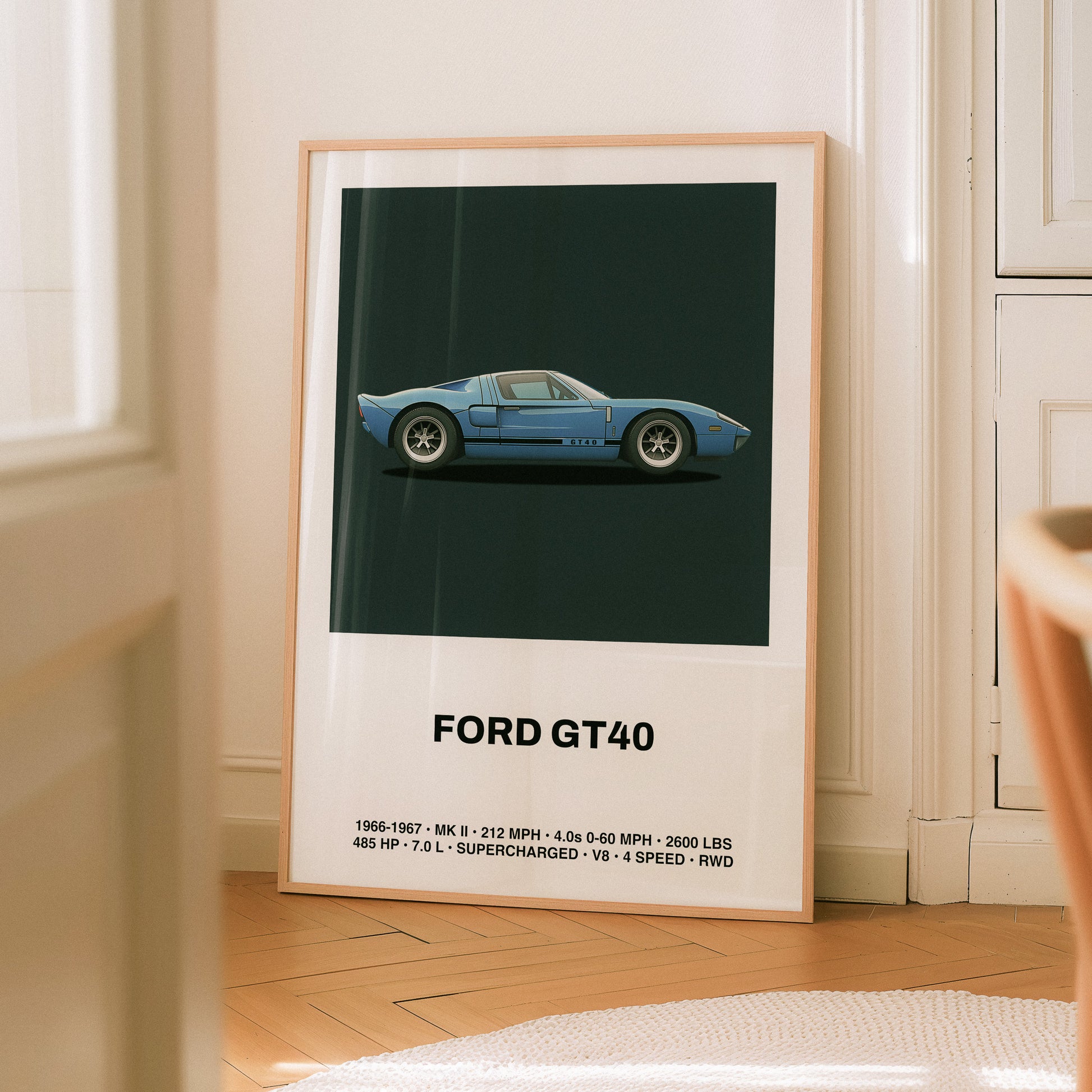 Ford GT40 car poster art in a minimal and illustrative design.