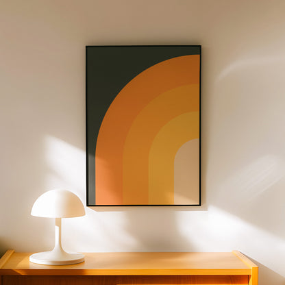 Minimal poster art home decor with warm retro and vintage sunset colors on a black background.