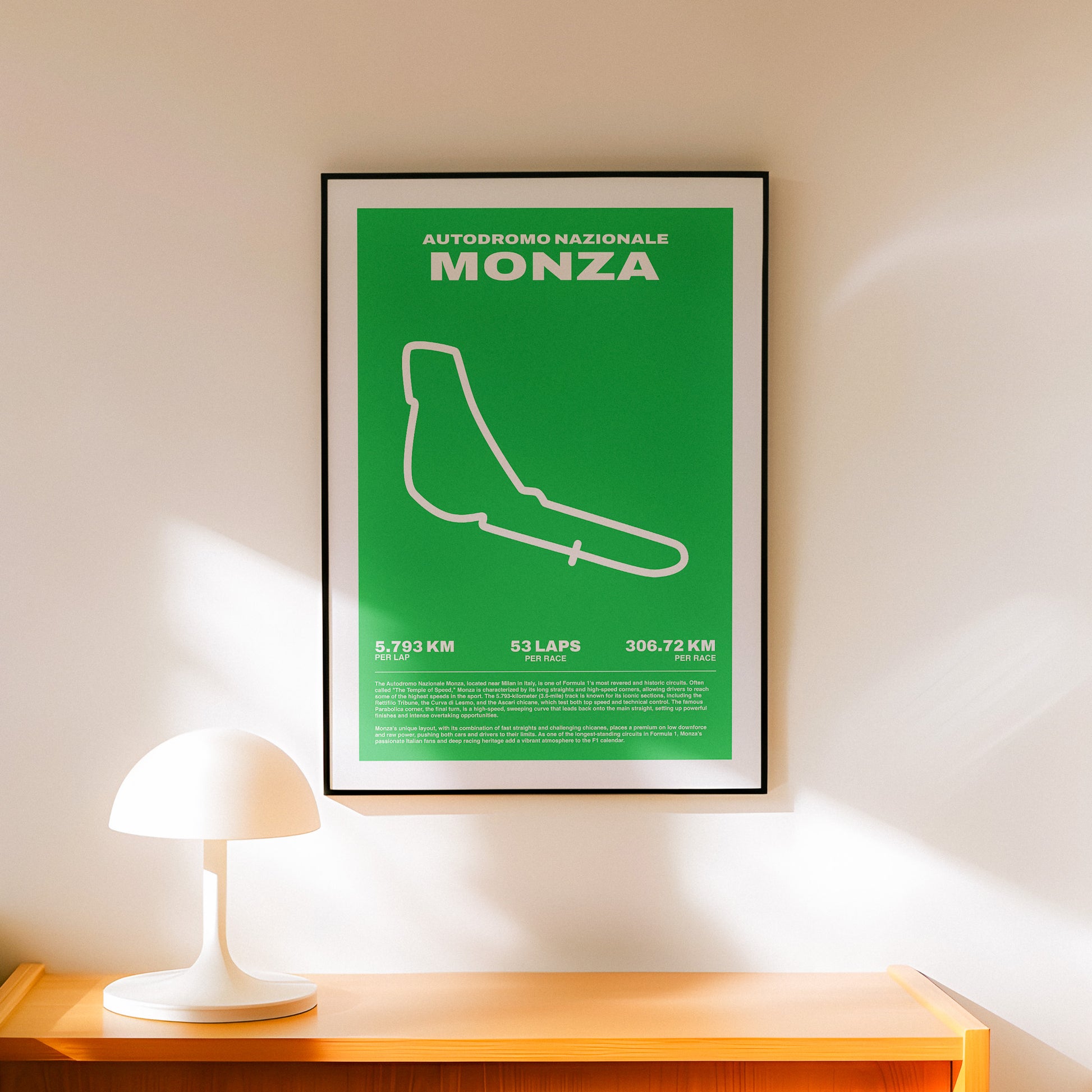 Monza circuit Formula 1 poster art home decor with a track map.